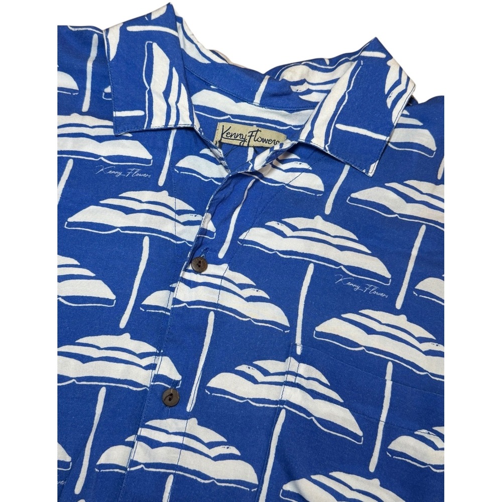 Kenny‎ Flowers Blue White Umbrella Print Short Sleeve Button Up Shirt Men's 2XL